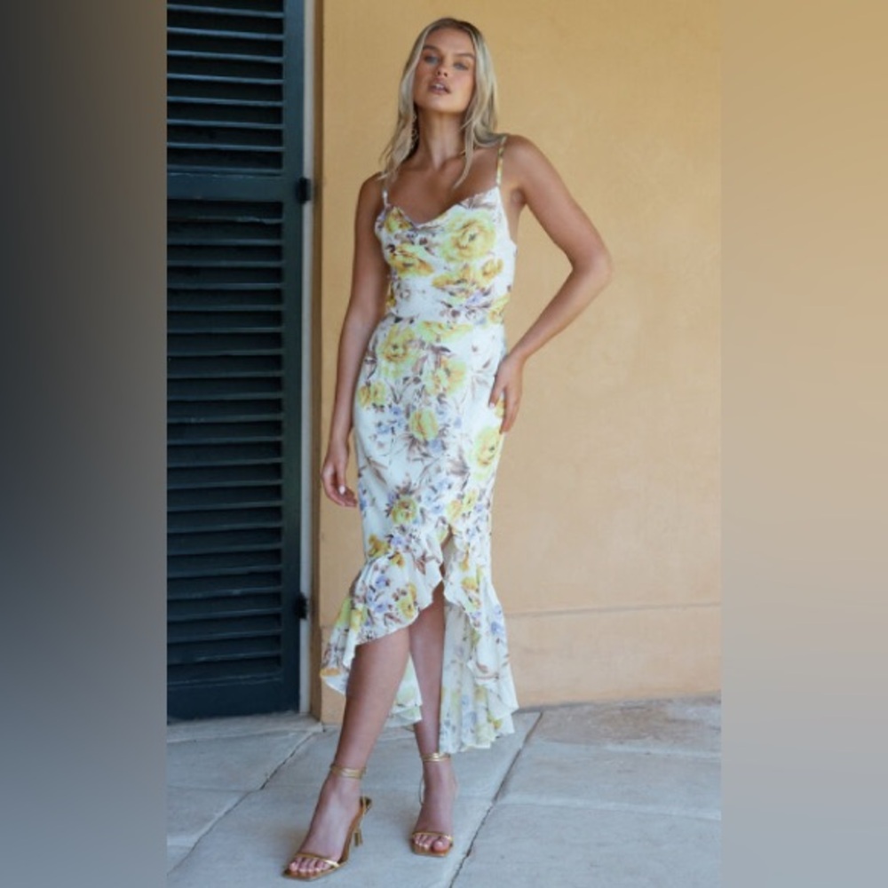 Showpo Yellow and Green High Low Sundress for Wedding Guest